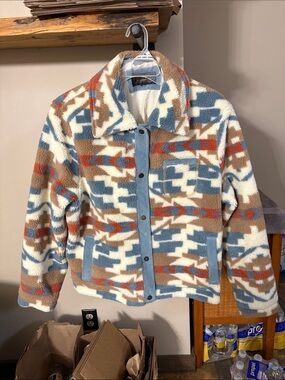Cozy Geometric Teddy Jacket in Cream, Blue & Brown
